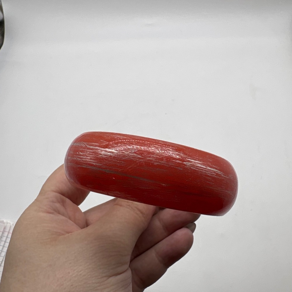 Vintage Orange Red Celluloid Bangle Bracelet‎ Brushed Silver Streaks
